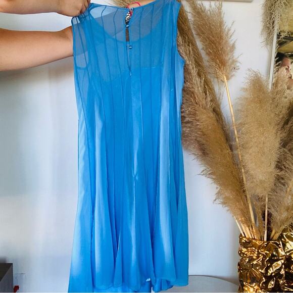 CALVIN KLEIN Blue Button Sheer Chiffon Back Pleated Stripe Knee Length Dress 6 - Picture 6 of 10